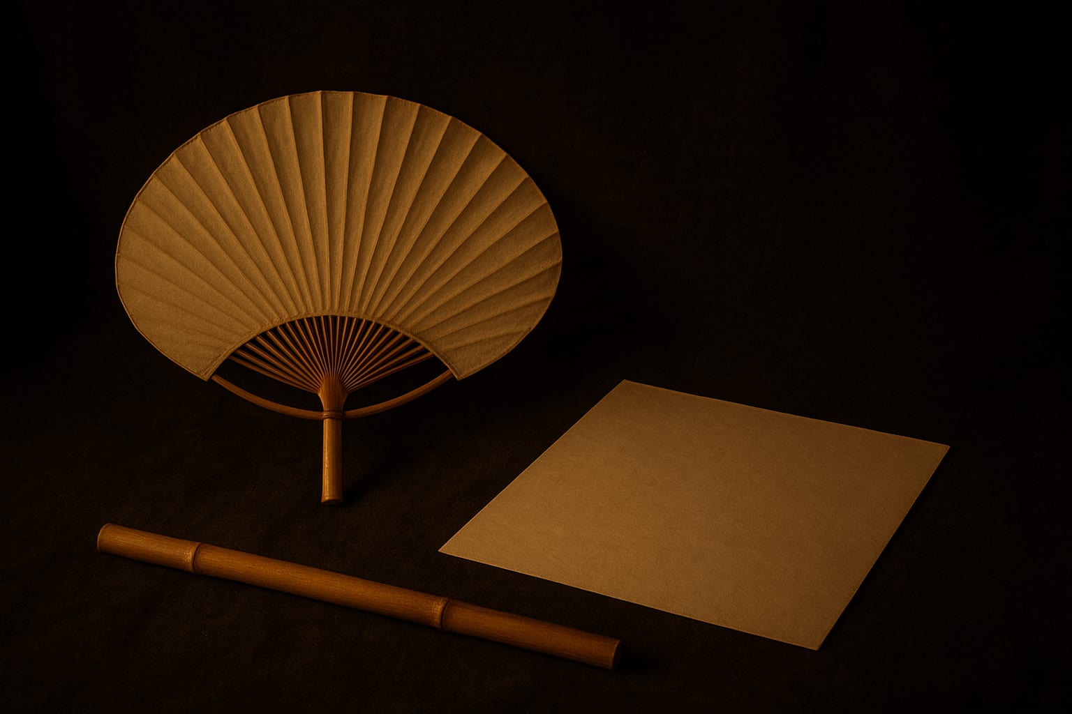 Decorative still-life of a fan-shaped paper lantern, a sheet of paper and a length of bamboo