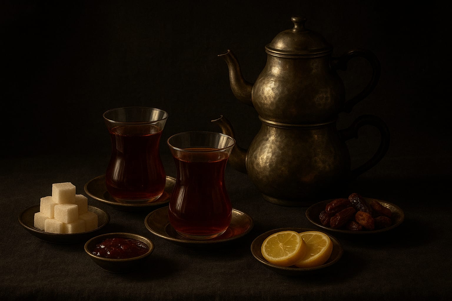 Decorative still-life of two tulip glasses of tea, a double kettle, sugar, lemon slices, jam and dried fruit