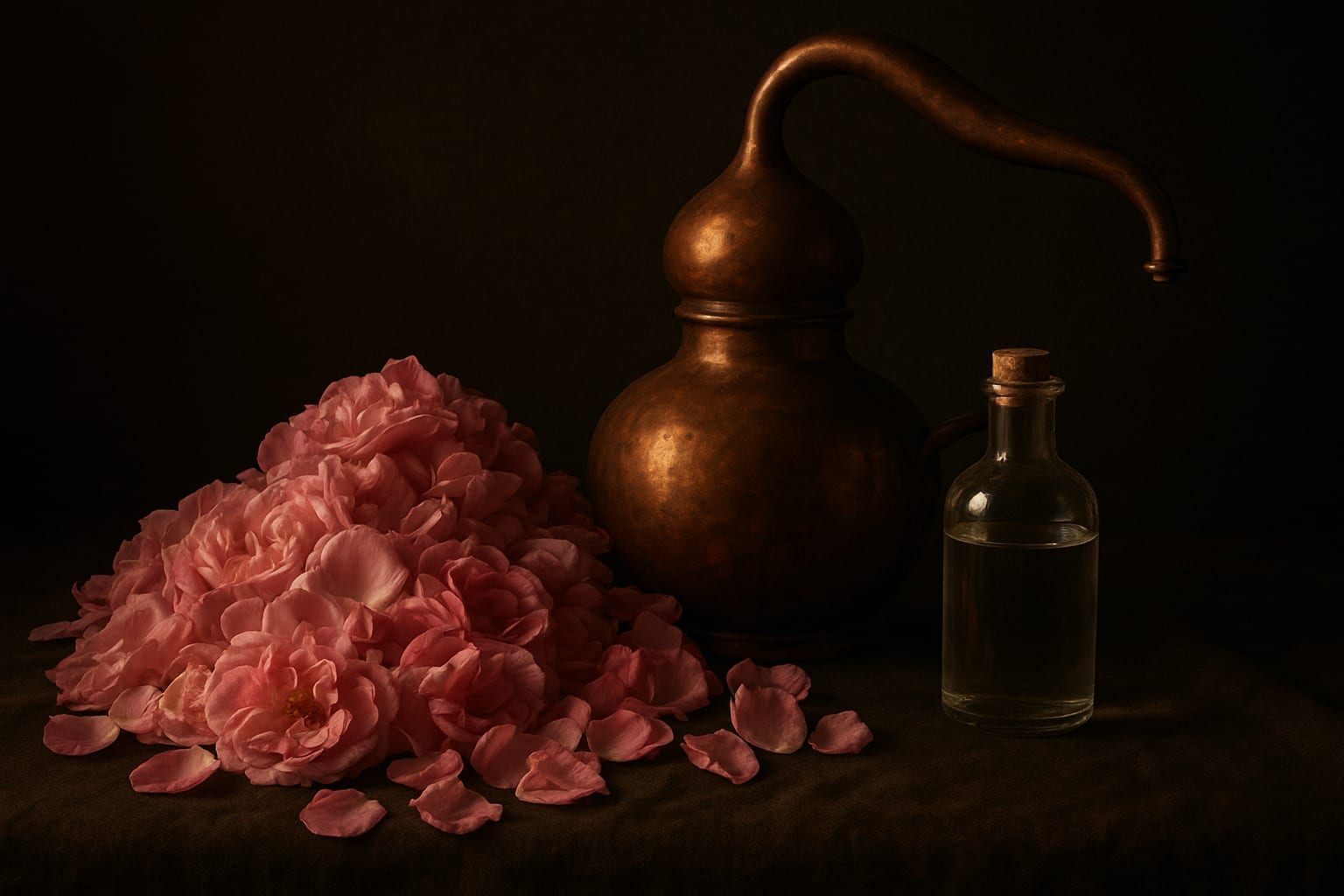 Decorative still-life of rose petals, a copper still and a bottle of rosewater
