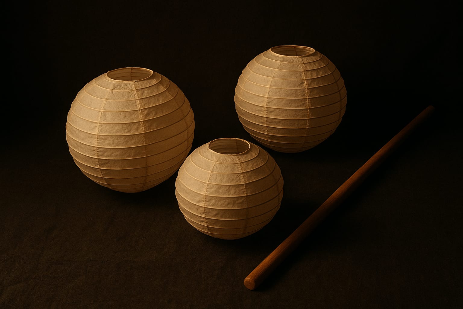 Decorative still-life of three unlit round paper lanterns and a wooden pole