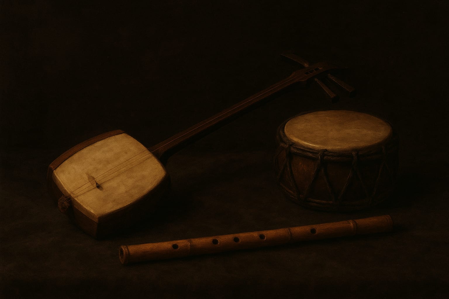 Decorative still-life of a three-stringed shamisen, a small drum and a bamboo flute