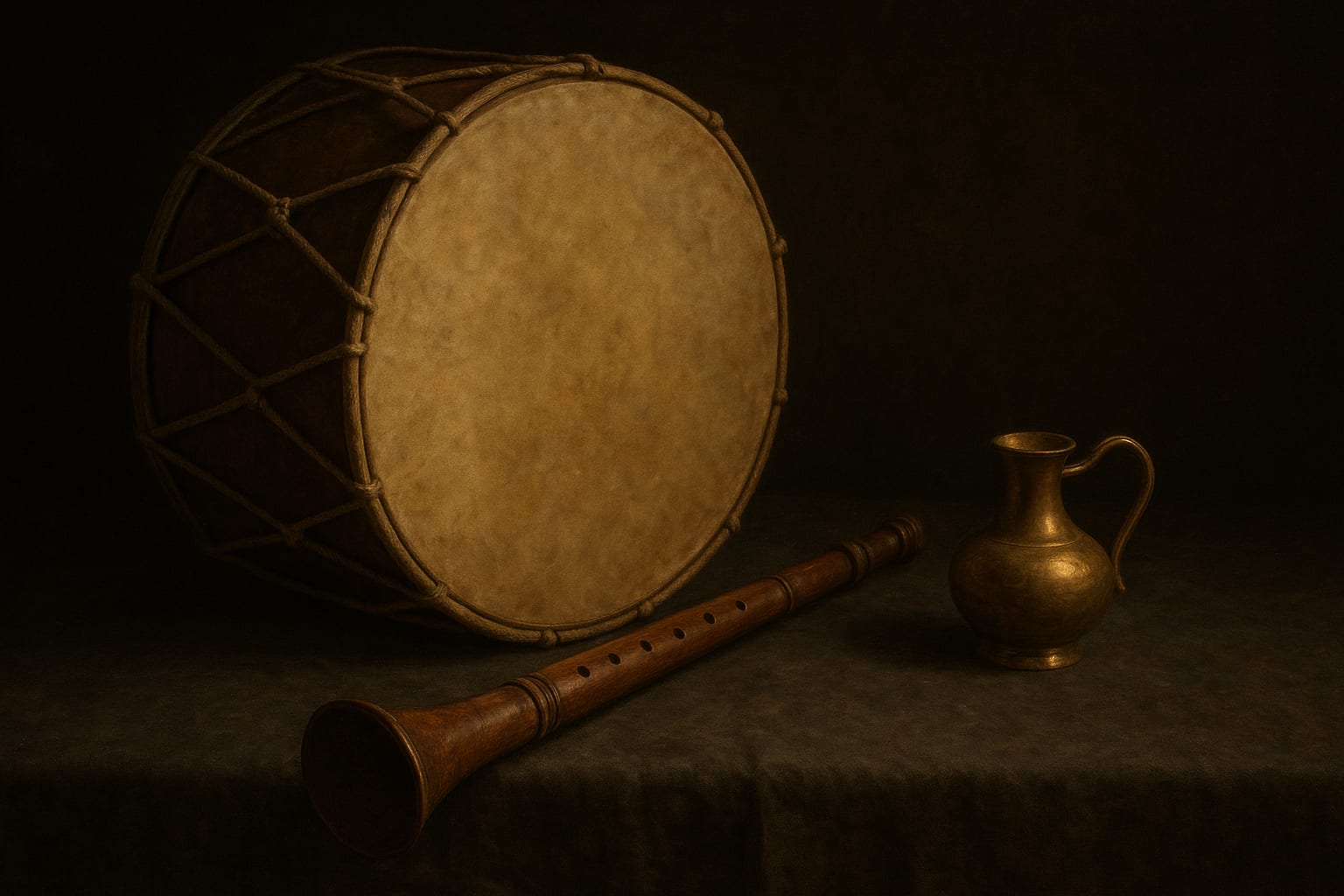 Decorative still-life of a rope-tensioned drum, a wooden shawm and a small copper jug