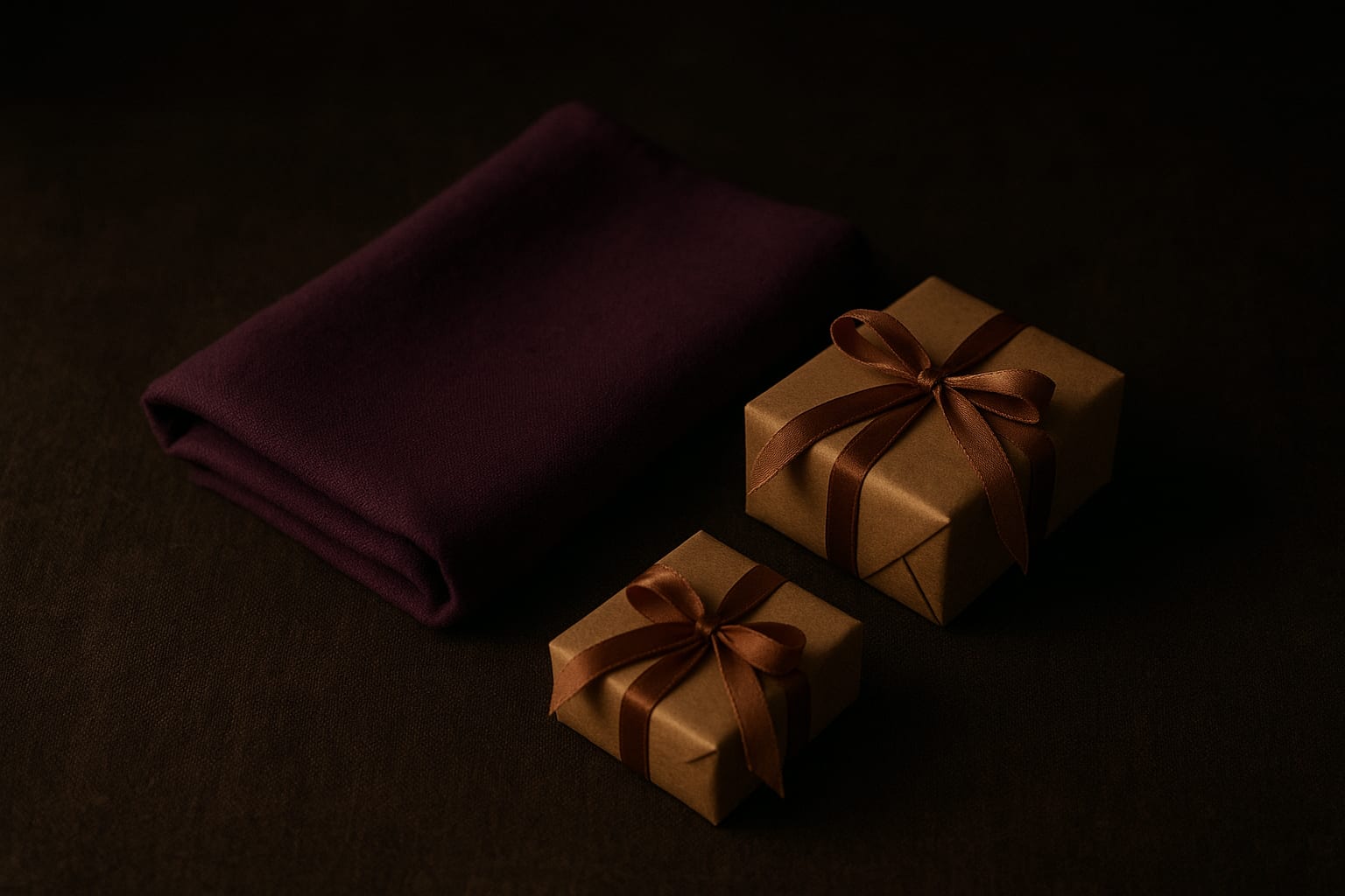 Decorative still-life of a folded purple cloth and two wrapped gifts