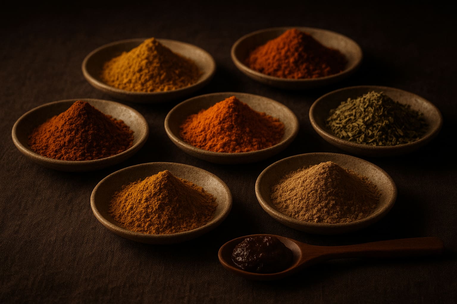 Decorative still-life of dishes of coloured ground spices and a spoonful of dark paste