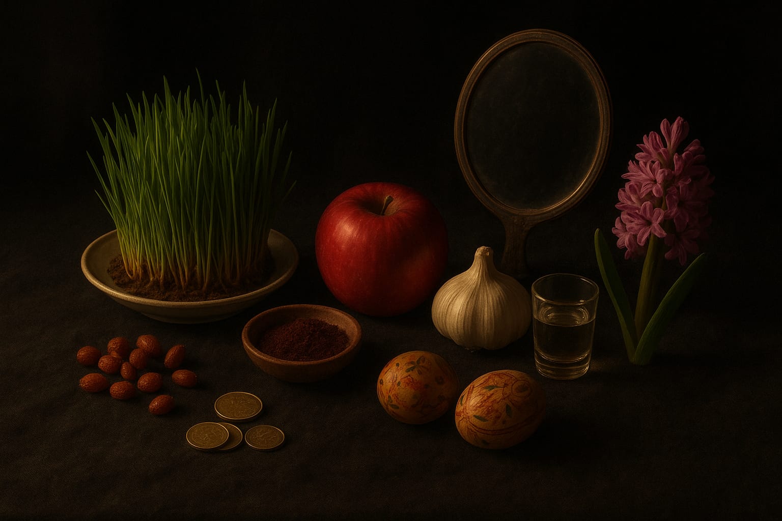 Decorative still-life of sprouted wheat grass, an apple, garlic, ground sumac, a mirror, painted eggs, coins and a hyacinth