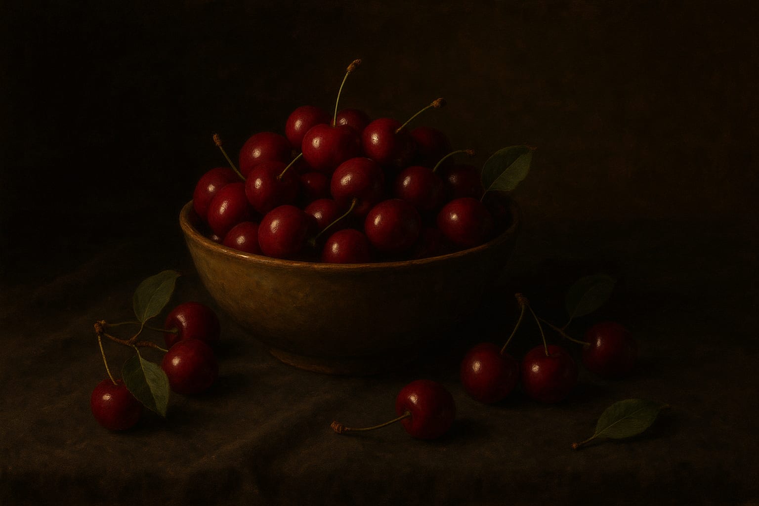Decorative still-life of a bowl of cherries with some spilled on the cloth