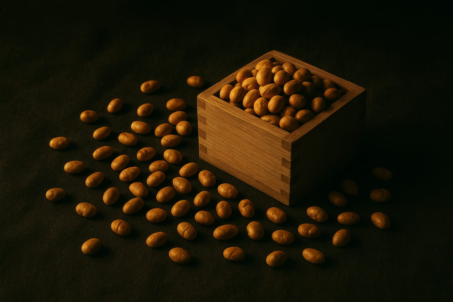 Decorative still-life of dried soybeans scattered around a small square wooden box