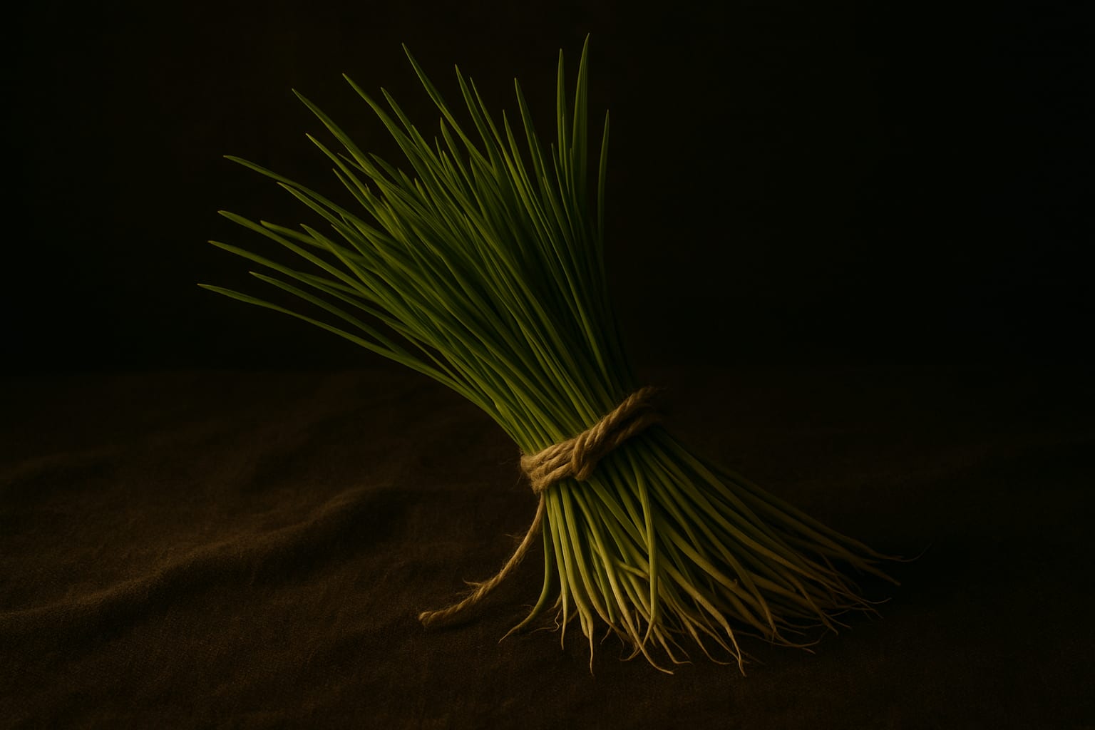 Decorative still-life of a tied bundle of sprouted green wheat grass