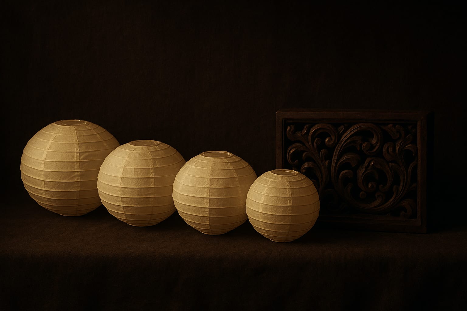 Decorative still-life of four unlit round paper lanterns beside a carved wooden panel