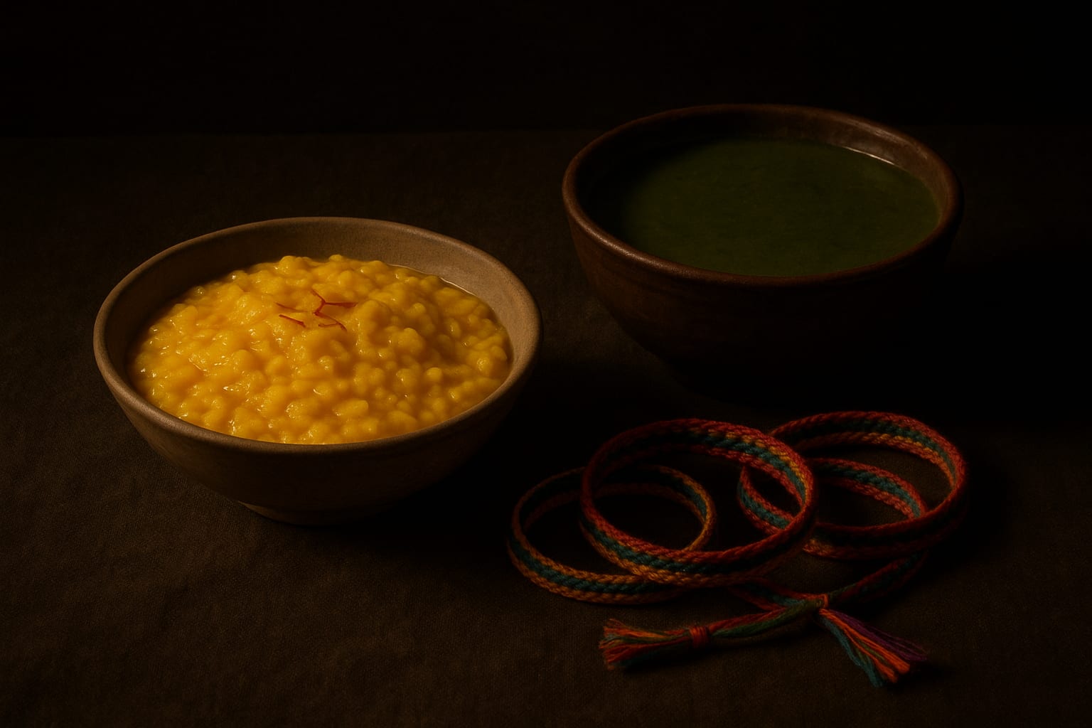 Decorative still-life of a bowl of saffron rice pudding, a bowl of green soup and rainbow-coloured bands