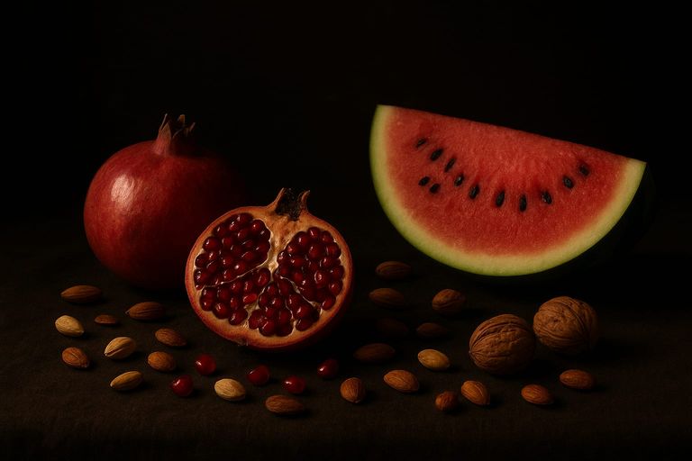 Decorative still-life of pomegranates, watermelon and nuts