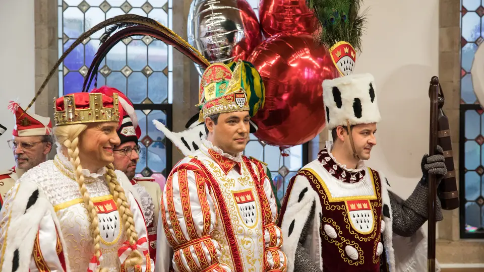 The Cologne Dreigestirn — maiden, prince and peasant — at the city hall reception on Weiberfastnacht 2019