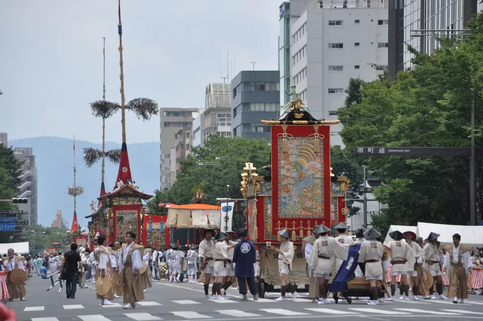 Hoko floats with their tall poles in the Gion Matsuri procession, Kyoto, 2017