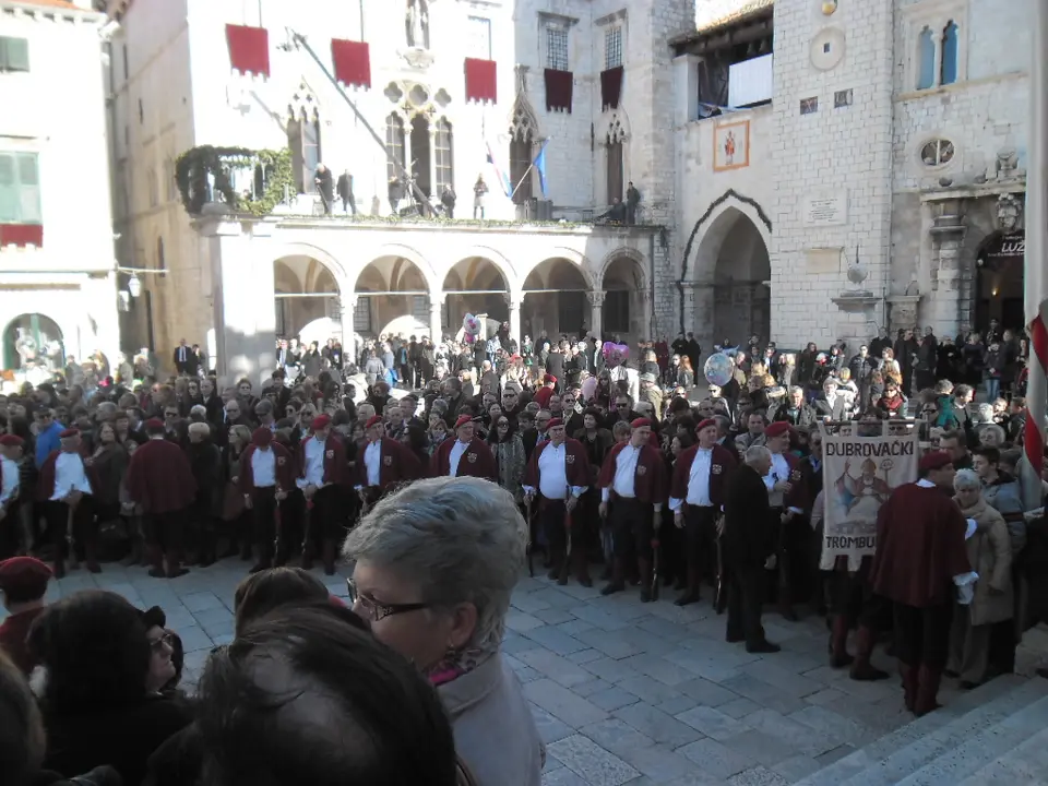 Crowds and costumed groups in front of the Rector’s Palace in Dubrovnik at the Festivity of St Blaise, 2014